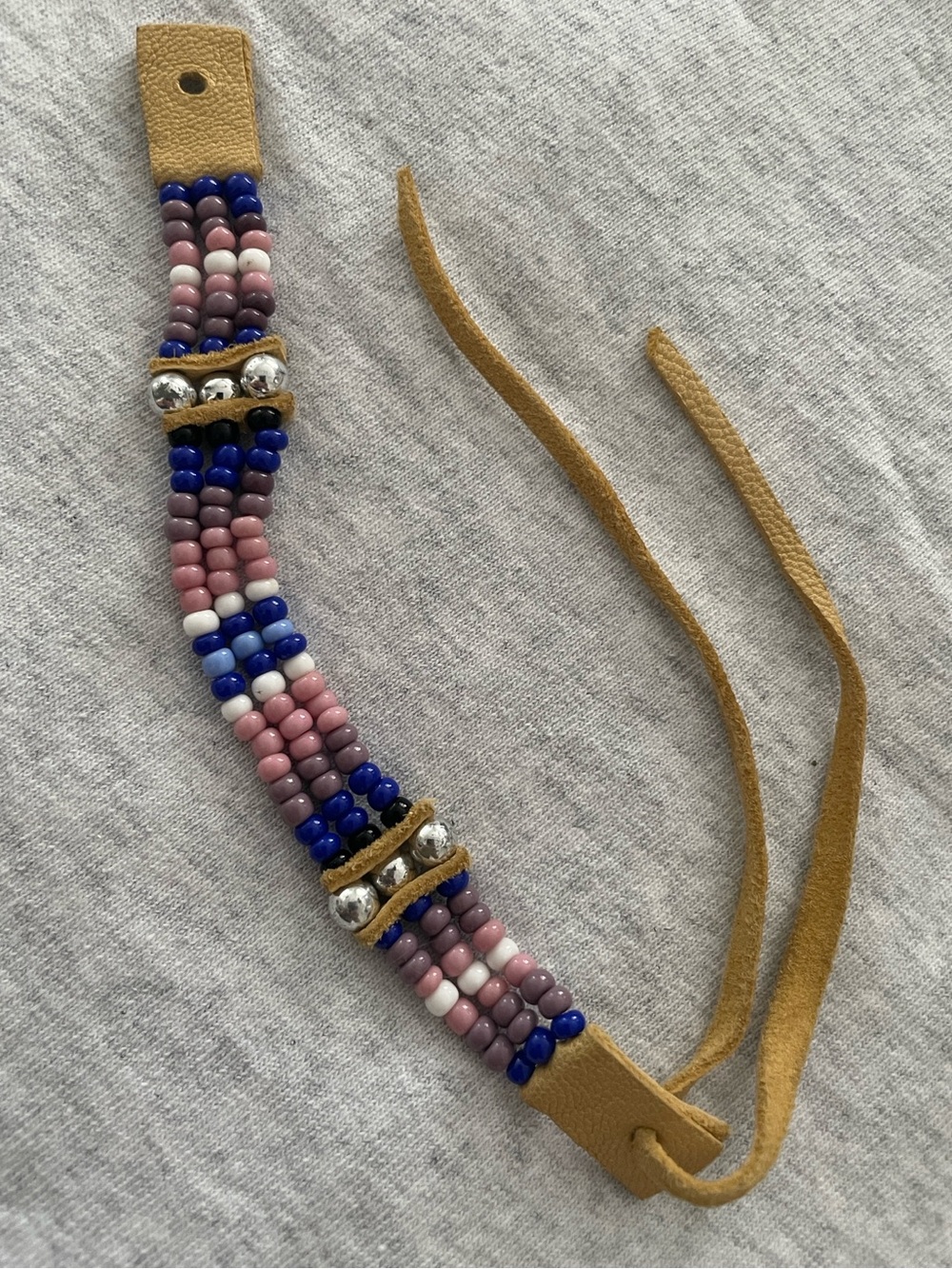 Native Beaded Leather Strap Adjustable Bracelet Pink Blue One Size